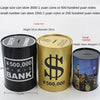 Three metal piggy banks of different sizes storing various denominations of currency notes and coins.