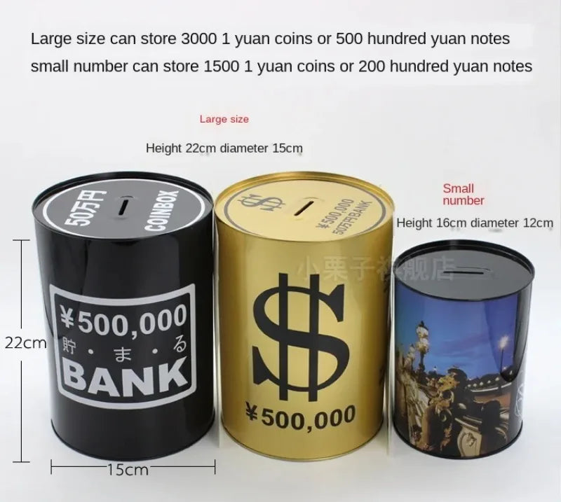 Three metal piggy banks of different sizes storing various denominations of currency notes and coins.