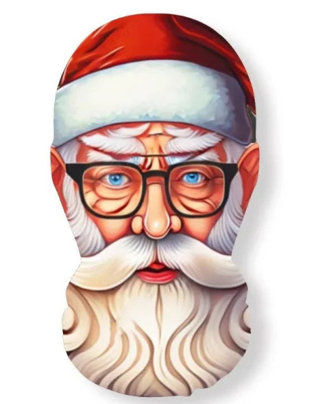 A portrait of an elderly man with a white beard wearing a red Santa hat.