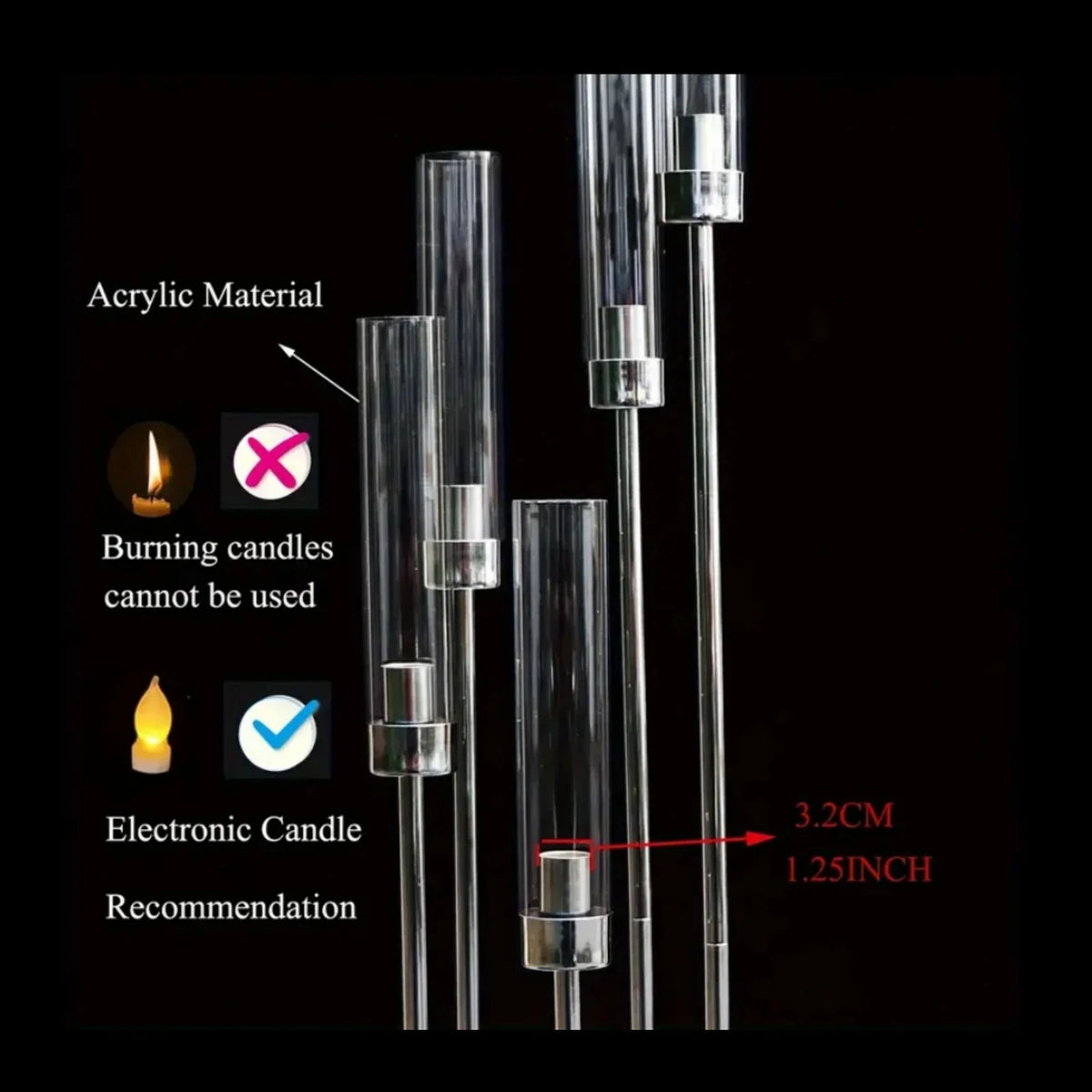 A glass candle holder demonstrates the difference between burning candles and electric candles, showing a recommendation for 