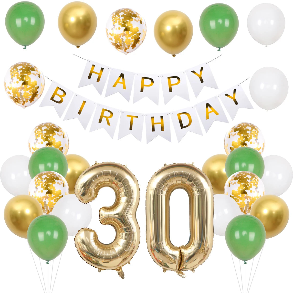 A set of green and gold birthday balloons and banner featuring the number 30.