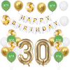 A set of green and gold birthday balloons and banner featuring the number 30.