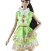 A handmade doll dress gown in lime green with white lace trim and gold accents.