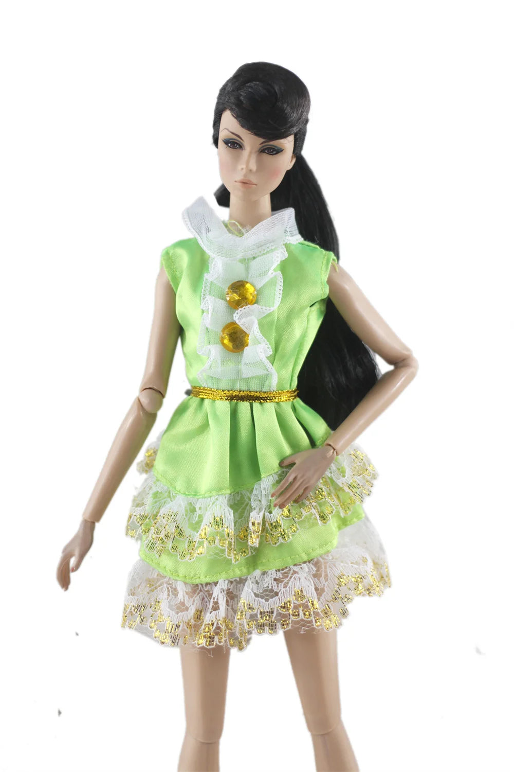 A handmade doll dress gown in lime green with white lace trim and gold accents.