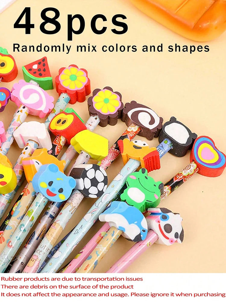 A set of 48 randomly mixed colored and shaped cartoon animal pencils with eraser tops for back-to-school use
