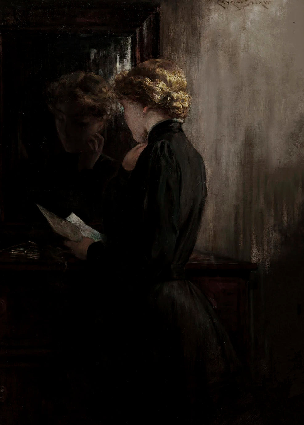 A dark, moody painting depicting two figures in silhouette studying or interacting near a wooden surface.