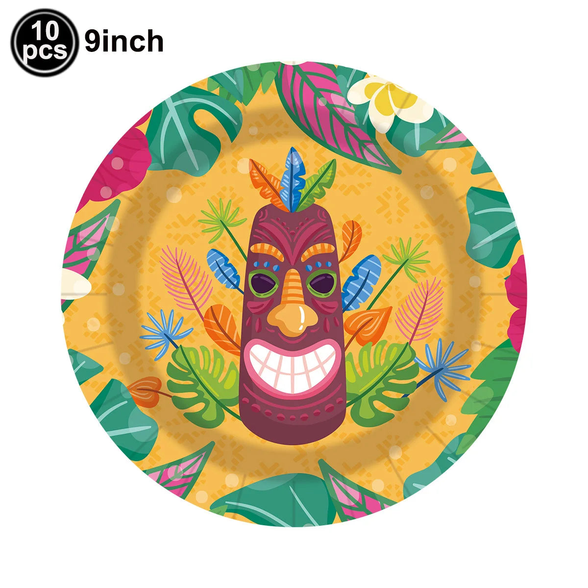 A set of 10 Hawaiian luau party sunglasses and table mats featuring colorful tropical leaves and a carved face design.