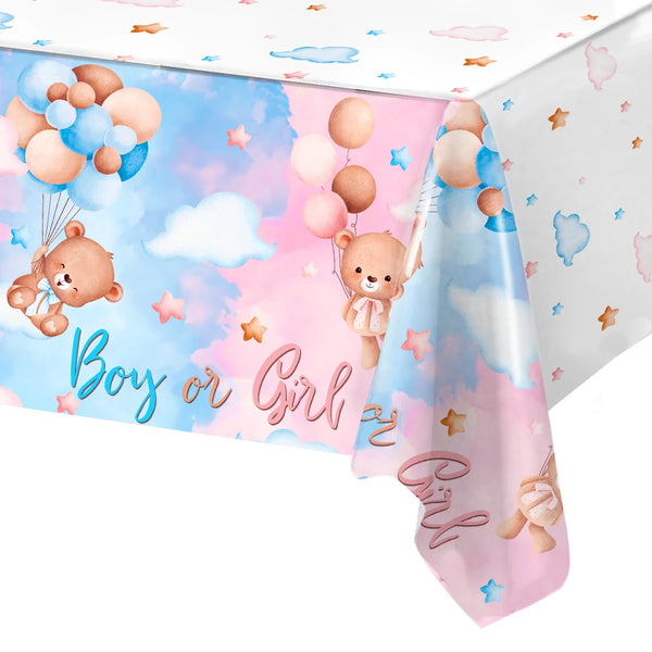 Pink and blue watercolor fabric with balloons and teddy bears for a gender reveal party tablecloth