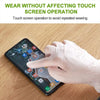 A hand wearing a white disposable glove touches a smartphone screen to avoid repeated wear.
