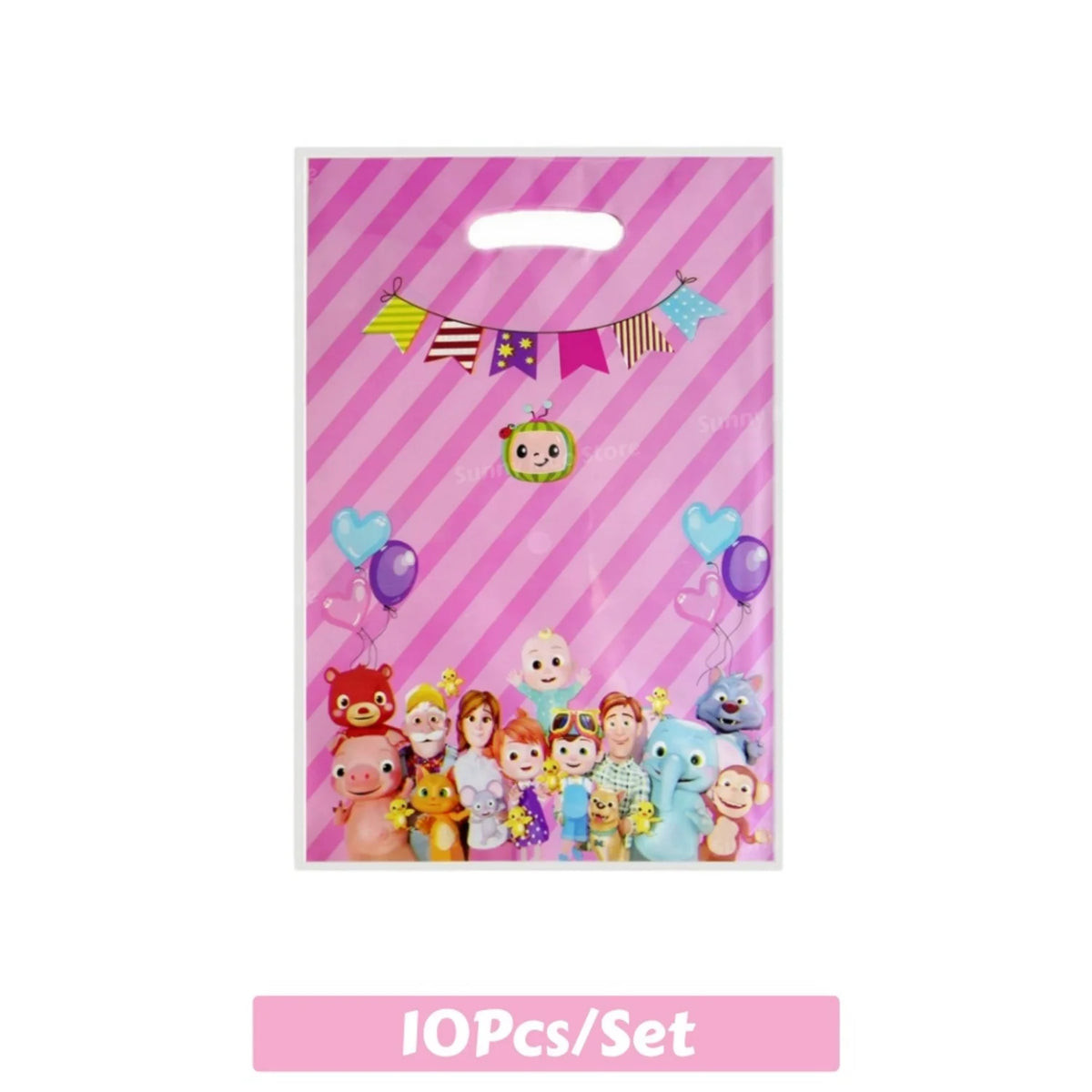A pink striped bag filled with a set of Cocomelon party supplies including balloons and tableware.