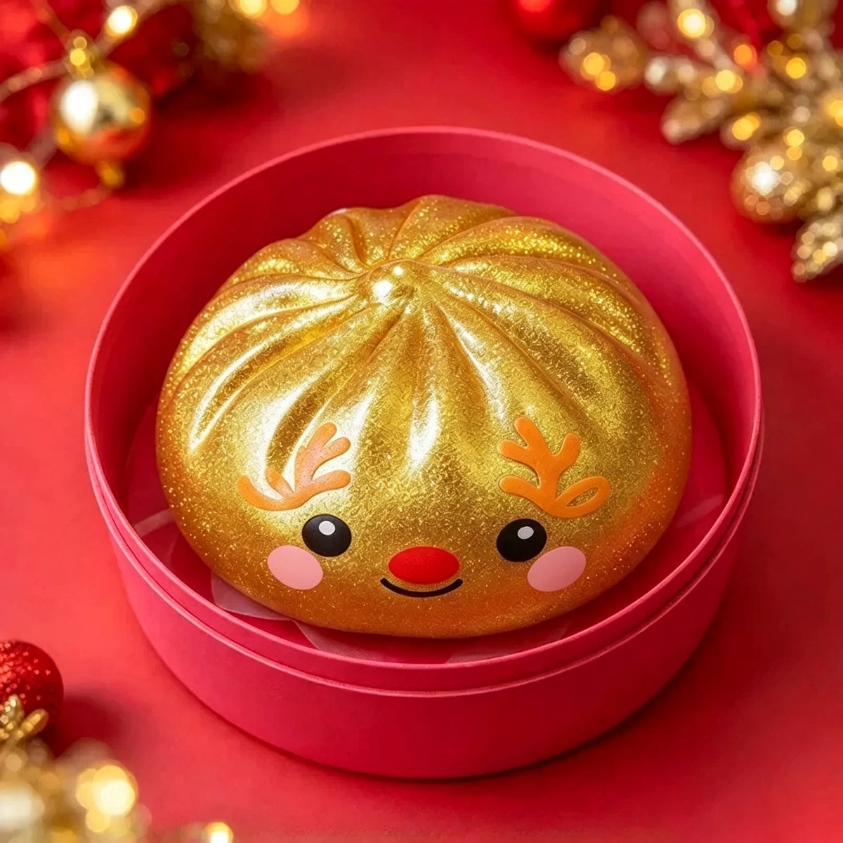 A golden Christmas squishy stress reliever shaped like a smiling snowman with orange antlers in a pink container.