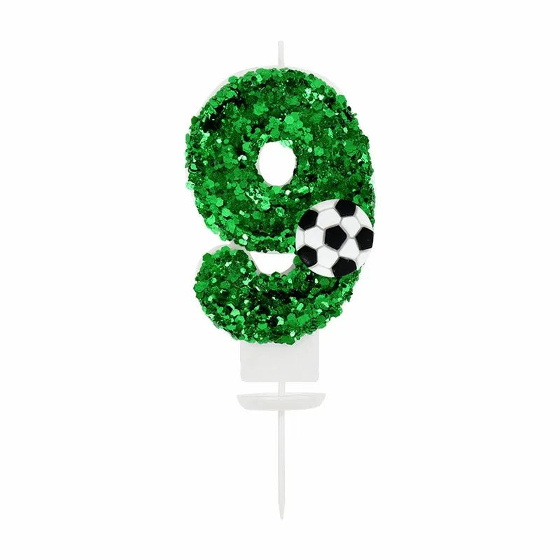 Green glitter number 8 with a soccer ball design for a birthday candle