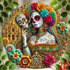 A decorative aluminum sign featuring a vibrant skull and woman face surrounded by colorful flowers and ornate gold detailing.