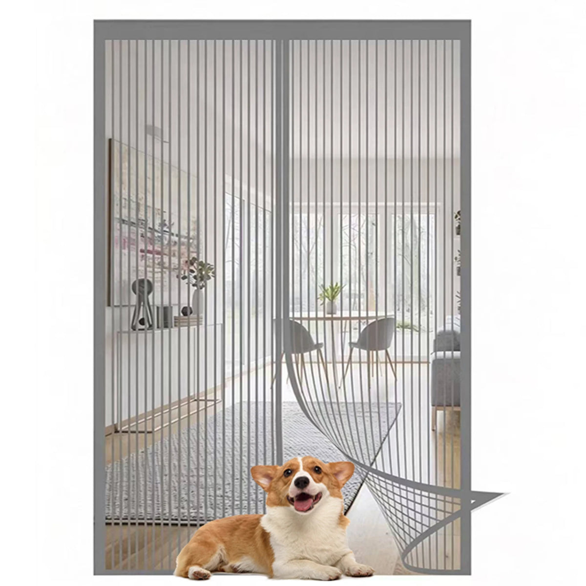 A golden and white dog is lying down in front of a modern gray magnetic automatic screen door curtain.
