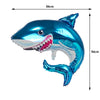 A shiny blue shark foil balloon shaped like a shark with an open mouth and teeth.