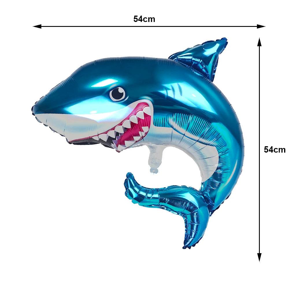 A shiny blue shark foil balloon shaped like a shark with an open mouth and teeth.