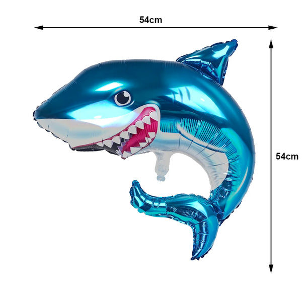 A shiny blue shark foil balloon shaped like a shark with an open mouth and teeth.