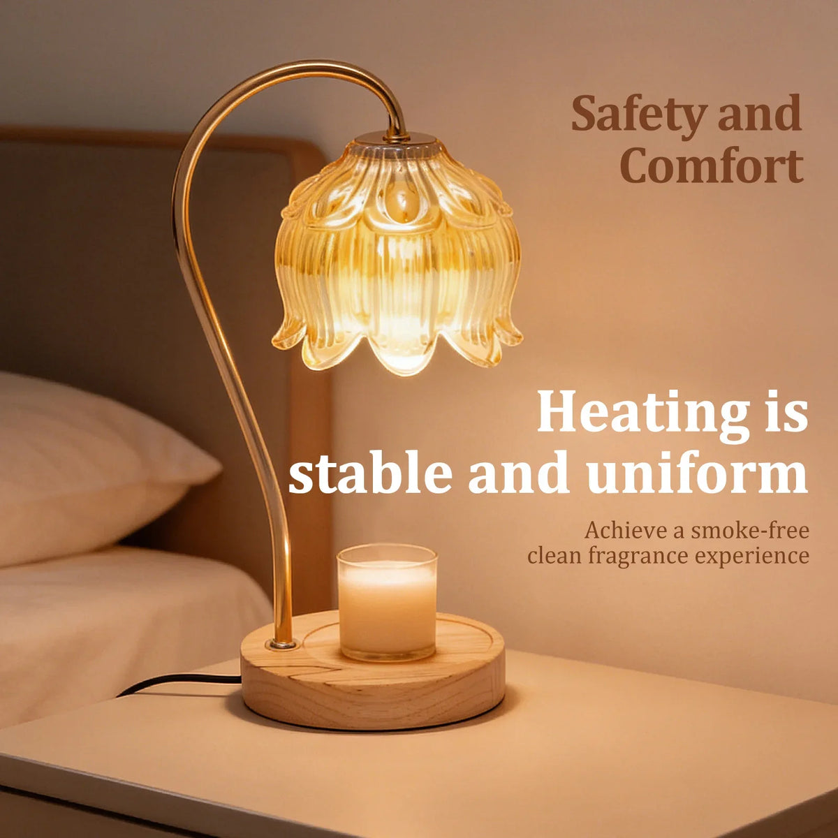 A brass-toned decorative candle warmer lamp with a glass shade and a lit candle on a wooden base.