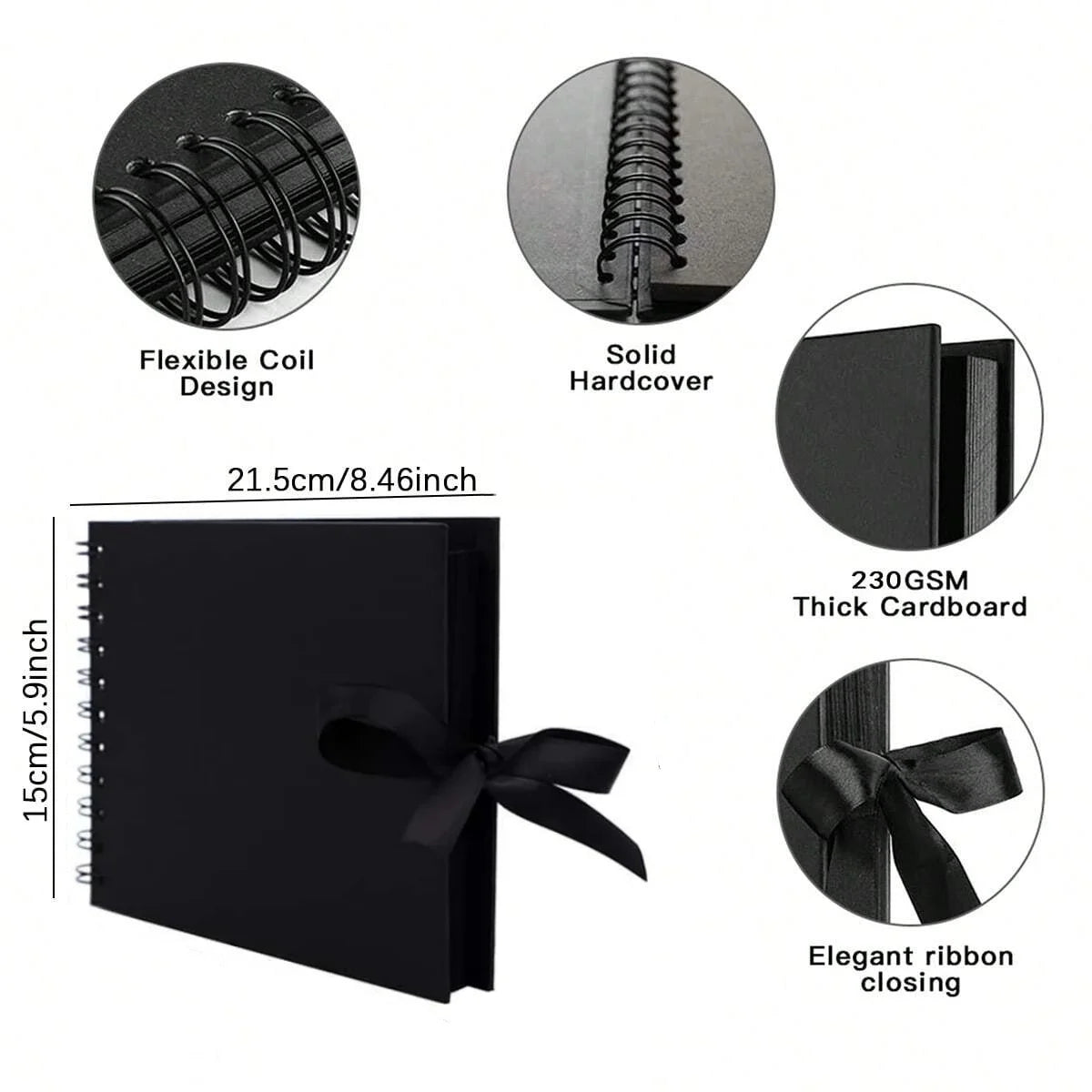 Álbum de fotos de memoria DIY negro con diseño de bobina flexible y cierre de cinta