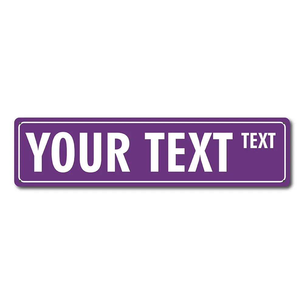 A purple rectangular sign with white text that reads YOUR TEXT TEXT