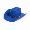 A royal blue classic wool cowboy hat with a studded leather band.