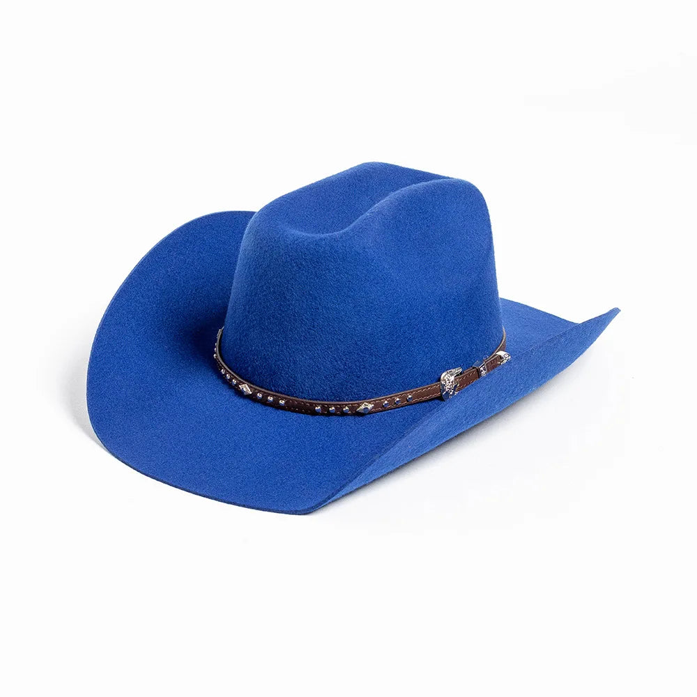 A royal blue classic wool cowboy hat with a studded leather band.