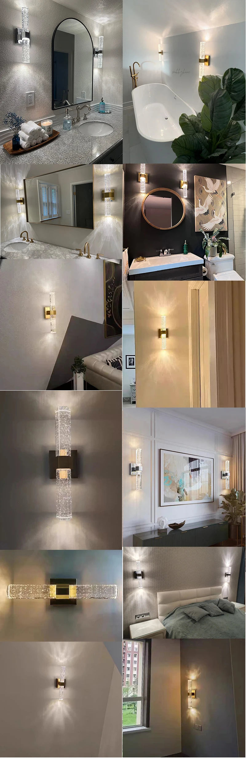Modern bubble crystal LED wall sconces illuminating a bathroom and bedroom interior.