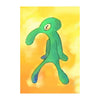 A bright green cartoon character with large eyes against a yellow background.