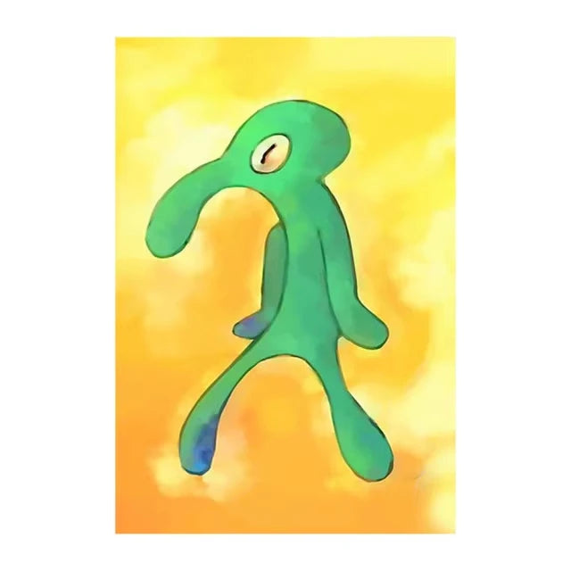 A bright green cartoon character with large eyes against a yellow background.