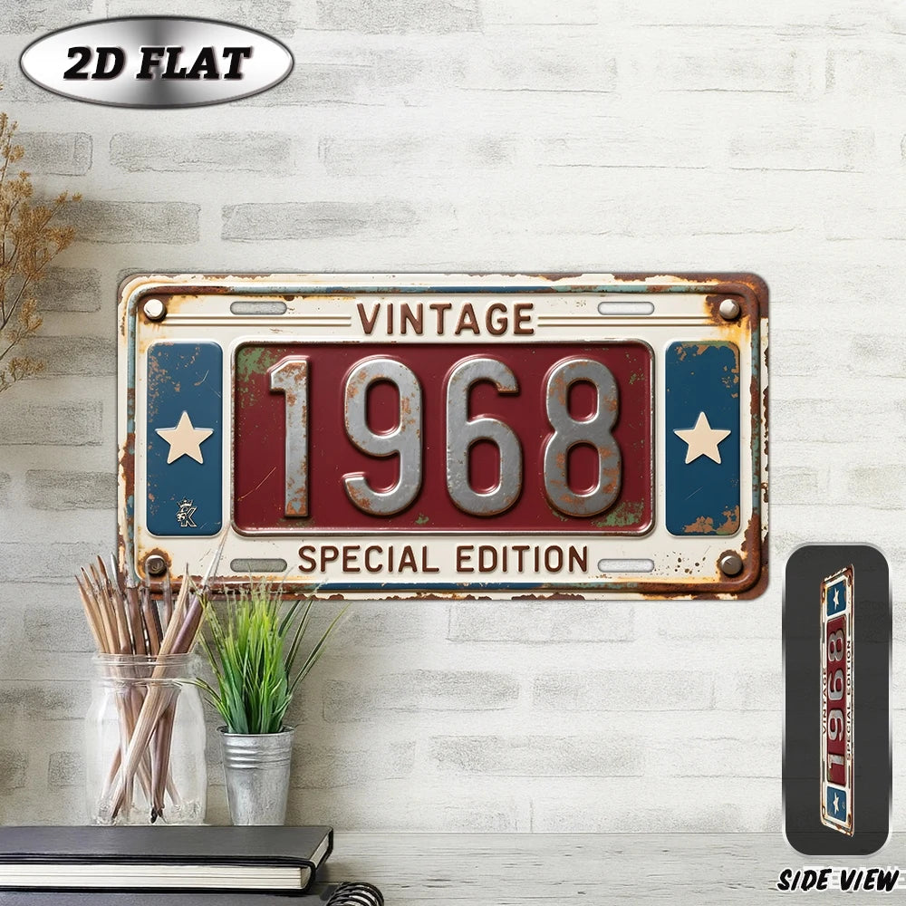 A vintage metal year plaque for 1968 displayed on a white brick wall.