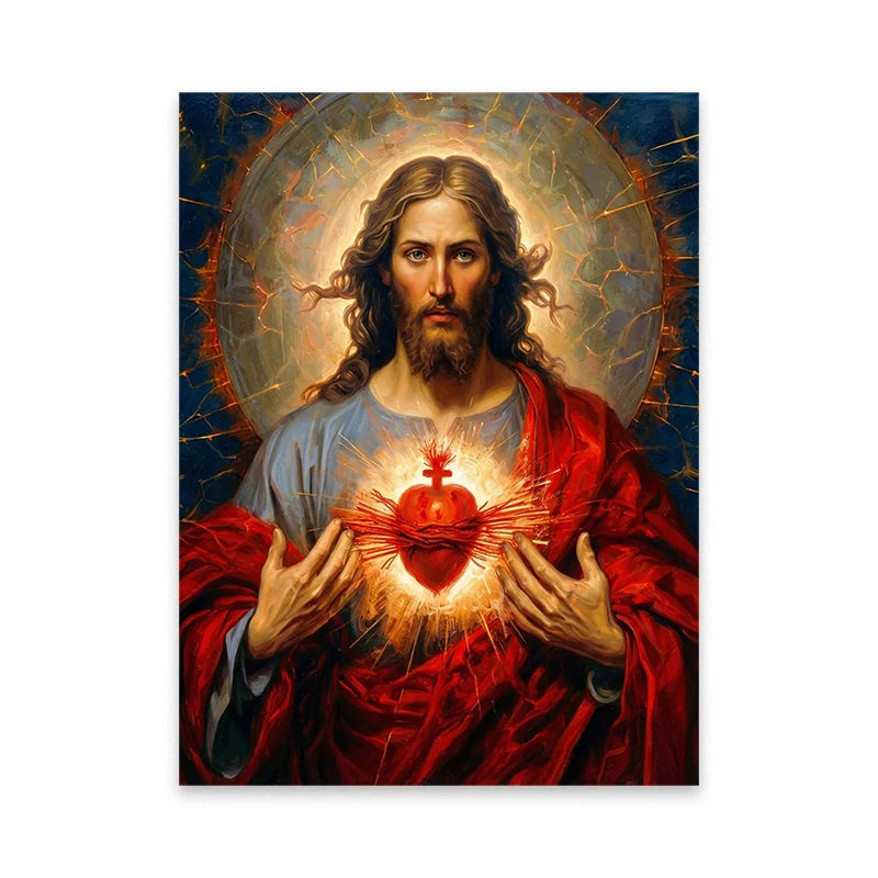 Oil painting of Jesus Christ with a halo, holding a flaming Sacred Heart, set against a dark background.