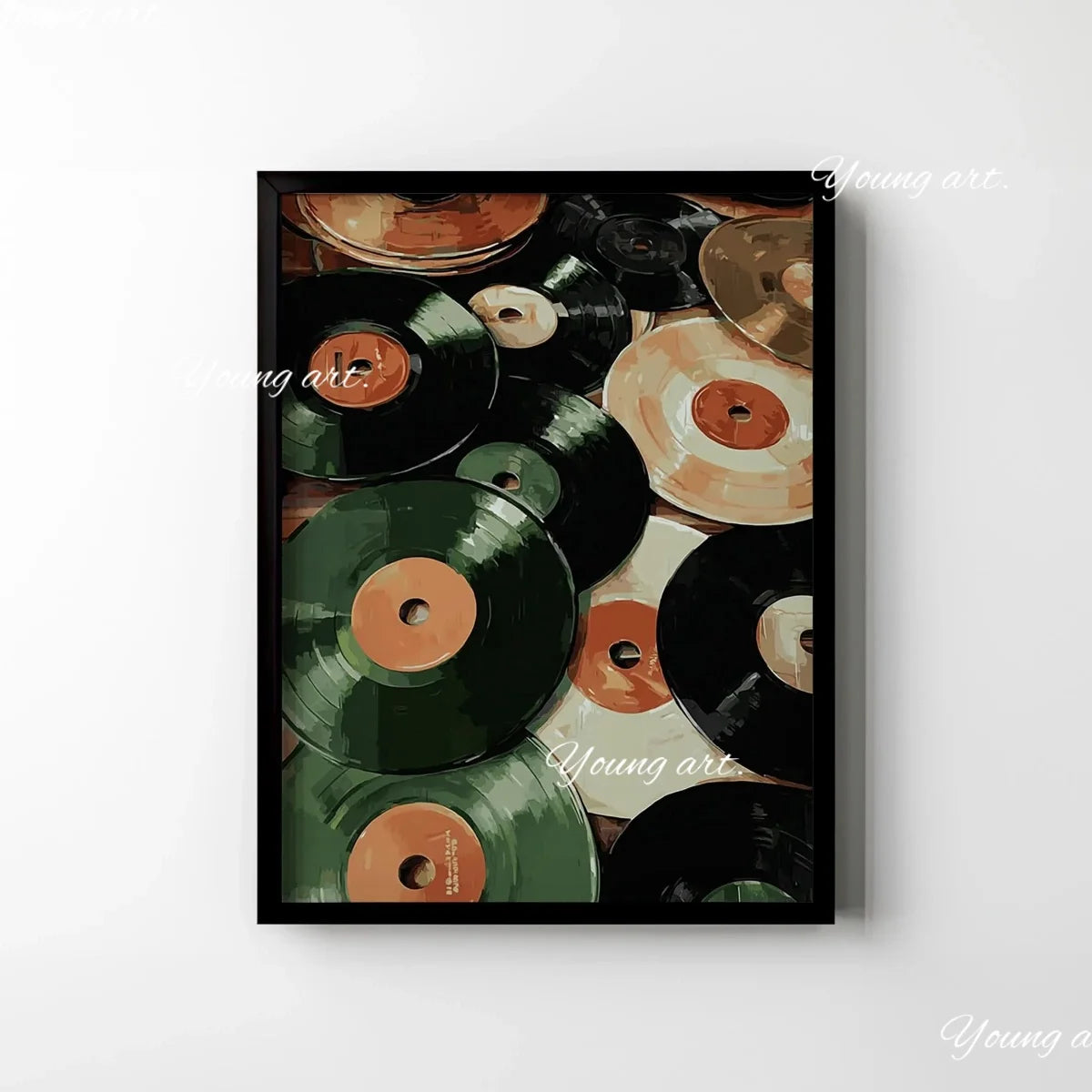 A close-up arrangement of various colored vinyl records, including black, green, and tan, displayed as canvas art.