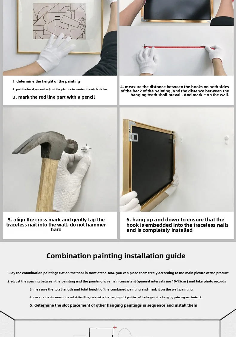 Installation guide showing steps for mounting an elegant gold photo frame set on a wall.
