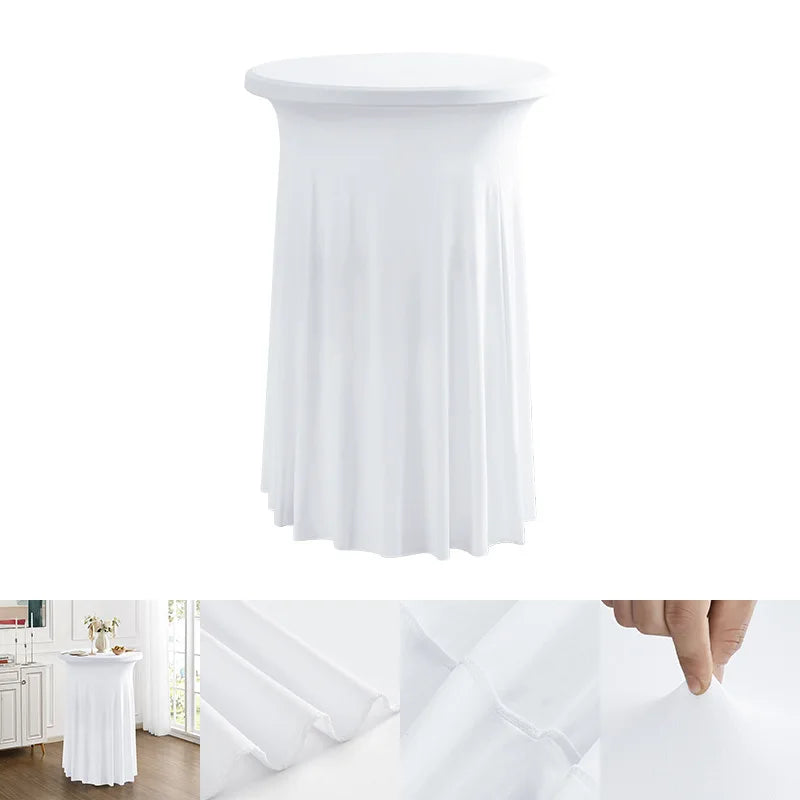 White stretch spandex round tablecloth with a pleated skirt shown in various angles.
