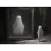 A dark painting featuring a ghostly white figure in a vintage frame against a dark background.