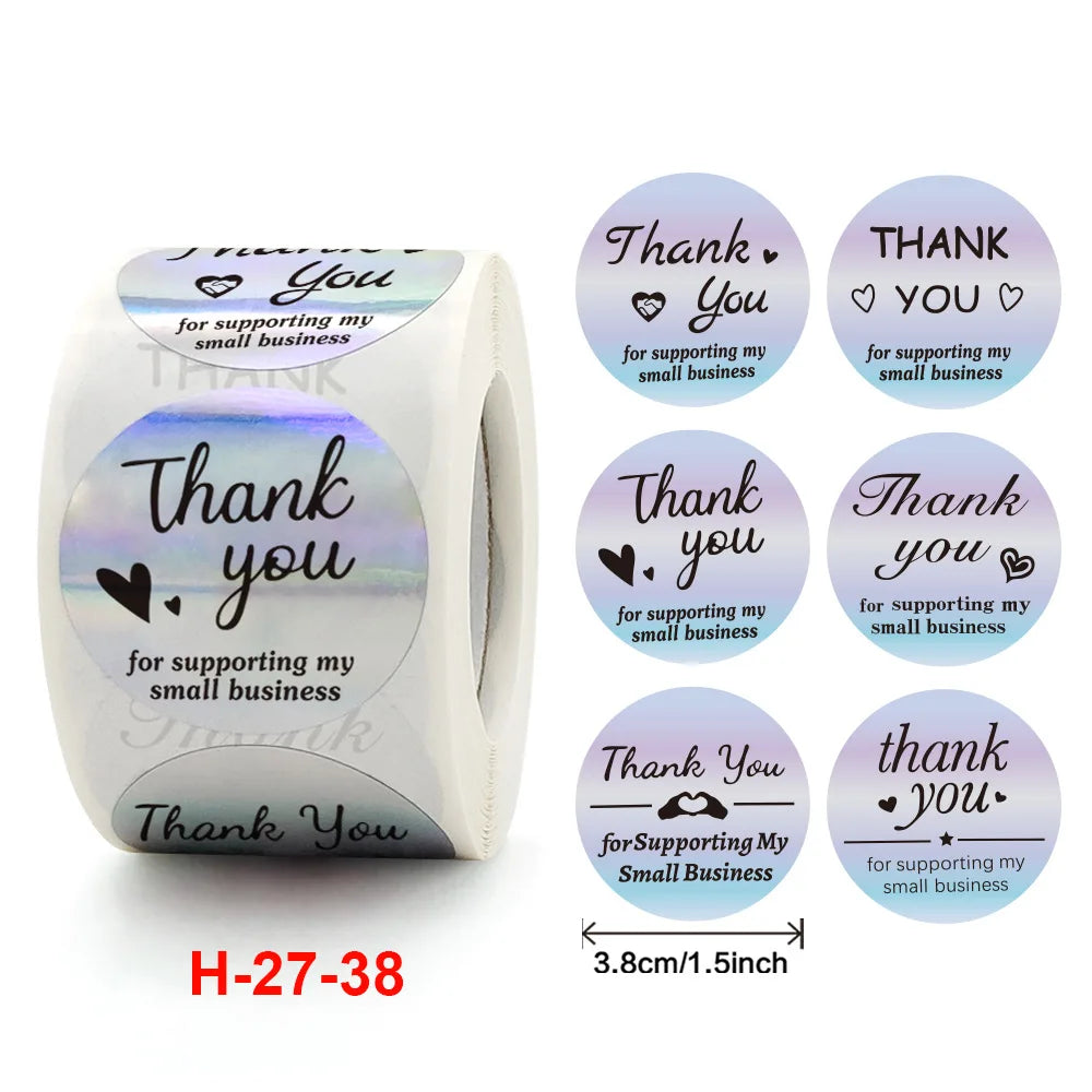 Roll of gold foil thank you sealing stickers with various thank you messages for small business support