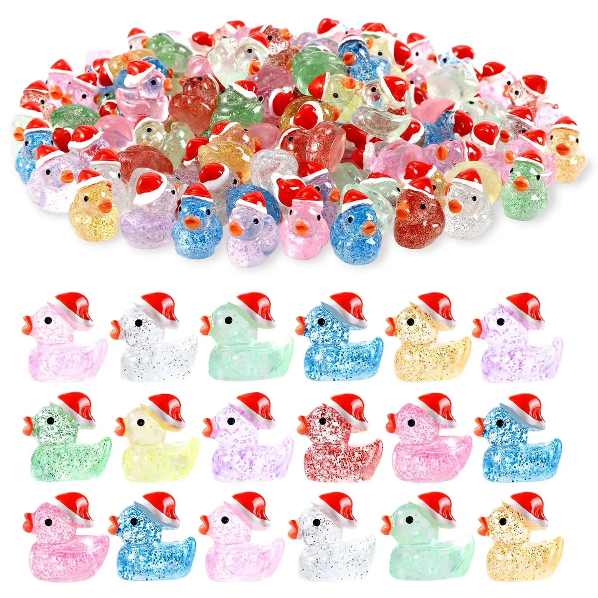 A large pile of glow-in-the-dark Christmas duck figurines wearing Santa hats in various colors.