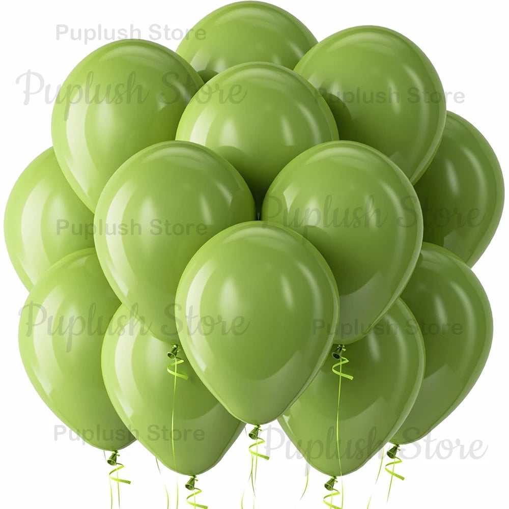 A cluster of sage green latex balloons floating against a white background.