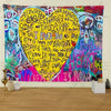 A vibrant tapestry featuring a yellow heart design filled with text about love and life in various street graffiti styles
