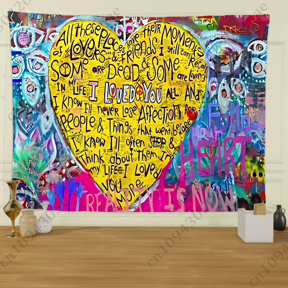 A vibrant tapestry featuring a yellow heart design filled with text about love and life in various street graffiti styles