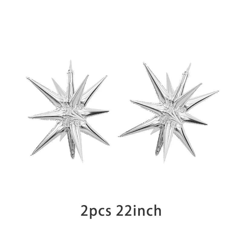 A pair of metallic silver star-shaped balloons, part of a 22 inch disco ball set.
