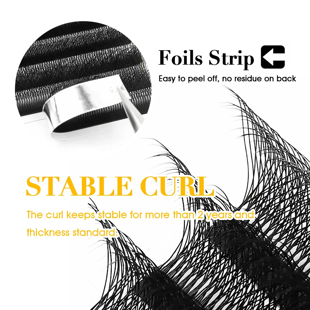 A strip of eyelash curl foil is shown next to a strand of curled hair, demonstrating its use for stable curl.