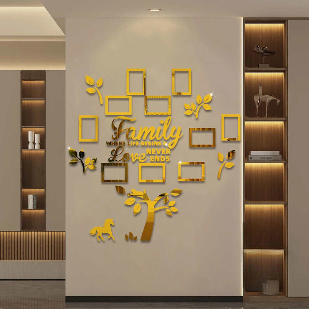 A gold acrylic 3D tree design with the word Family where life begins never love ends mounted on a light wall.