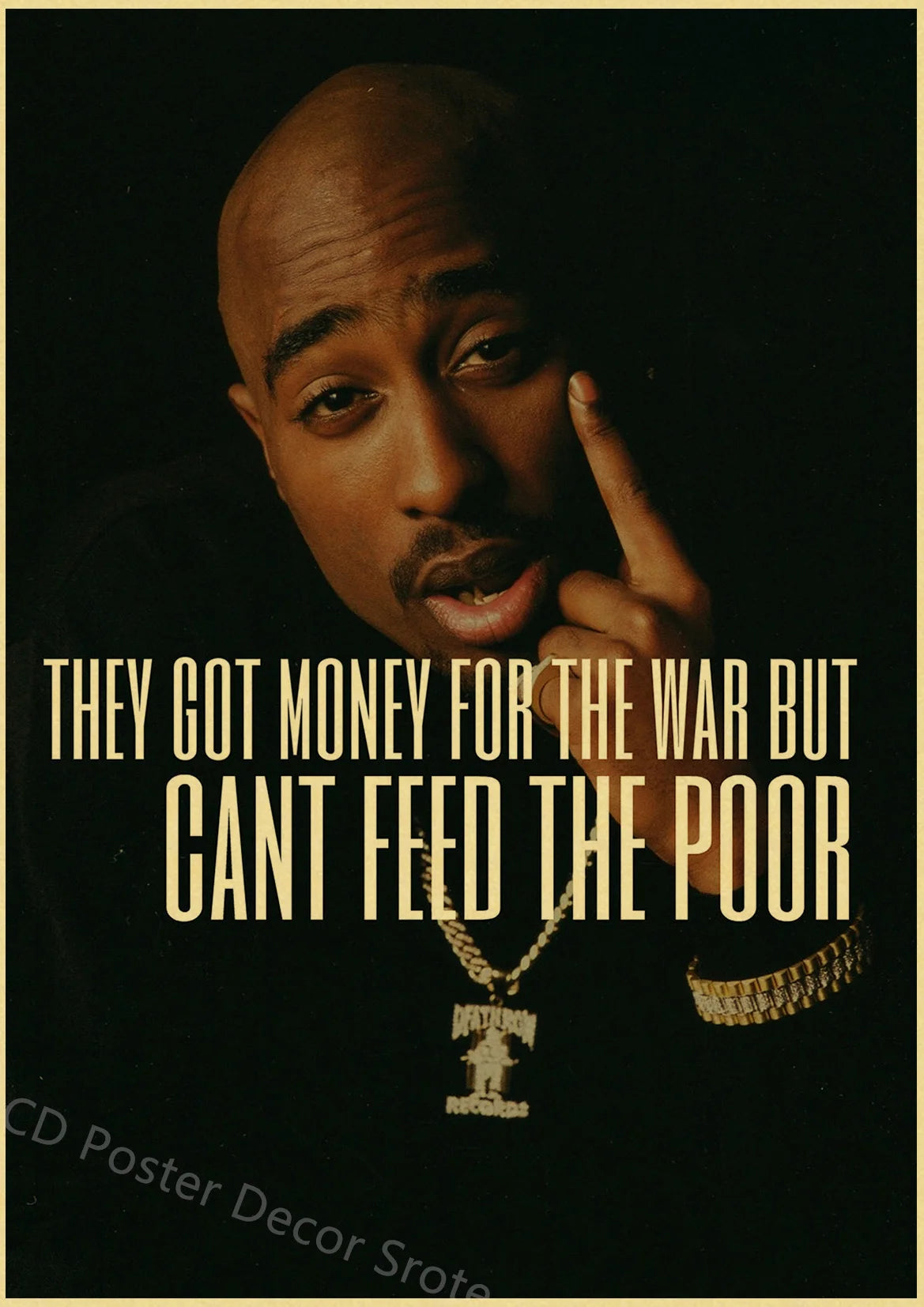 A close-up portrait of Tupac Shakur looking intensely at the camera against a dark background.