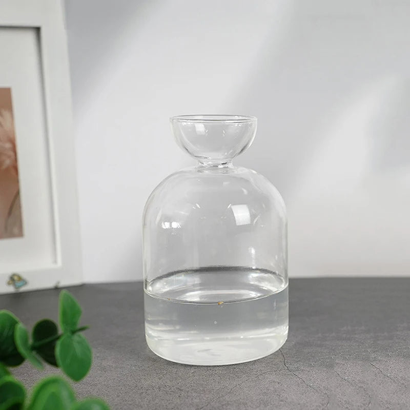 Klares Glas-Hydroponik-Pflanzgefäß mit abgerundeter Form und kleiner Öffnung, auf dunkler Oberfläche.