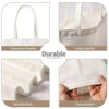 A set of white fabric tote bags showing a convenient handle, large capacity, durable fabric, and tear resistant features.