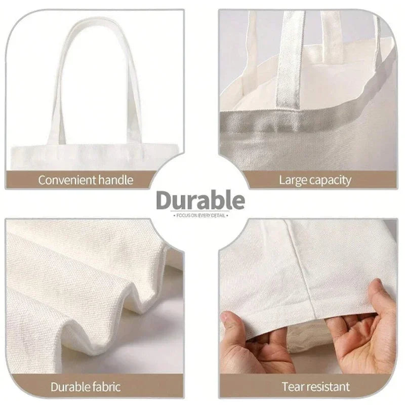 A set of white fabric tote bags showing a convenient handle, large capacity, durable fabric, and tear resistant features.