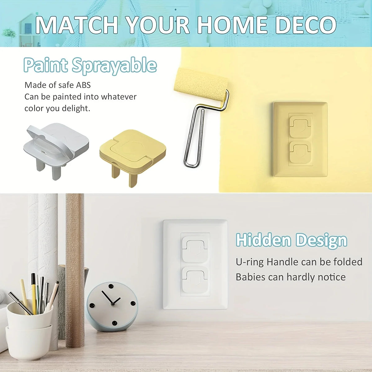 A yellow childproof electrical outlet plug with a metal handle is shown against a light yellow background.