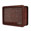 A wooden piggy bank with a grid tracker for savings goals, featuring various denominations.