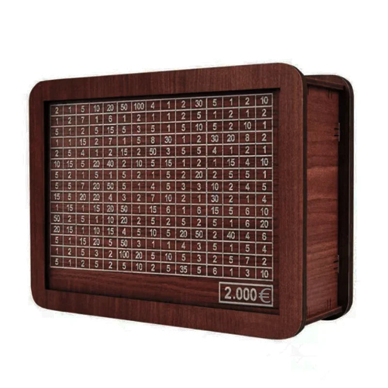 A wooden piggy bank with a grid tracker for savings goals, featuring various denominations.